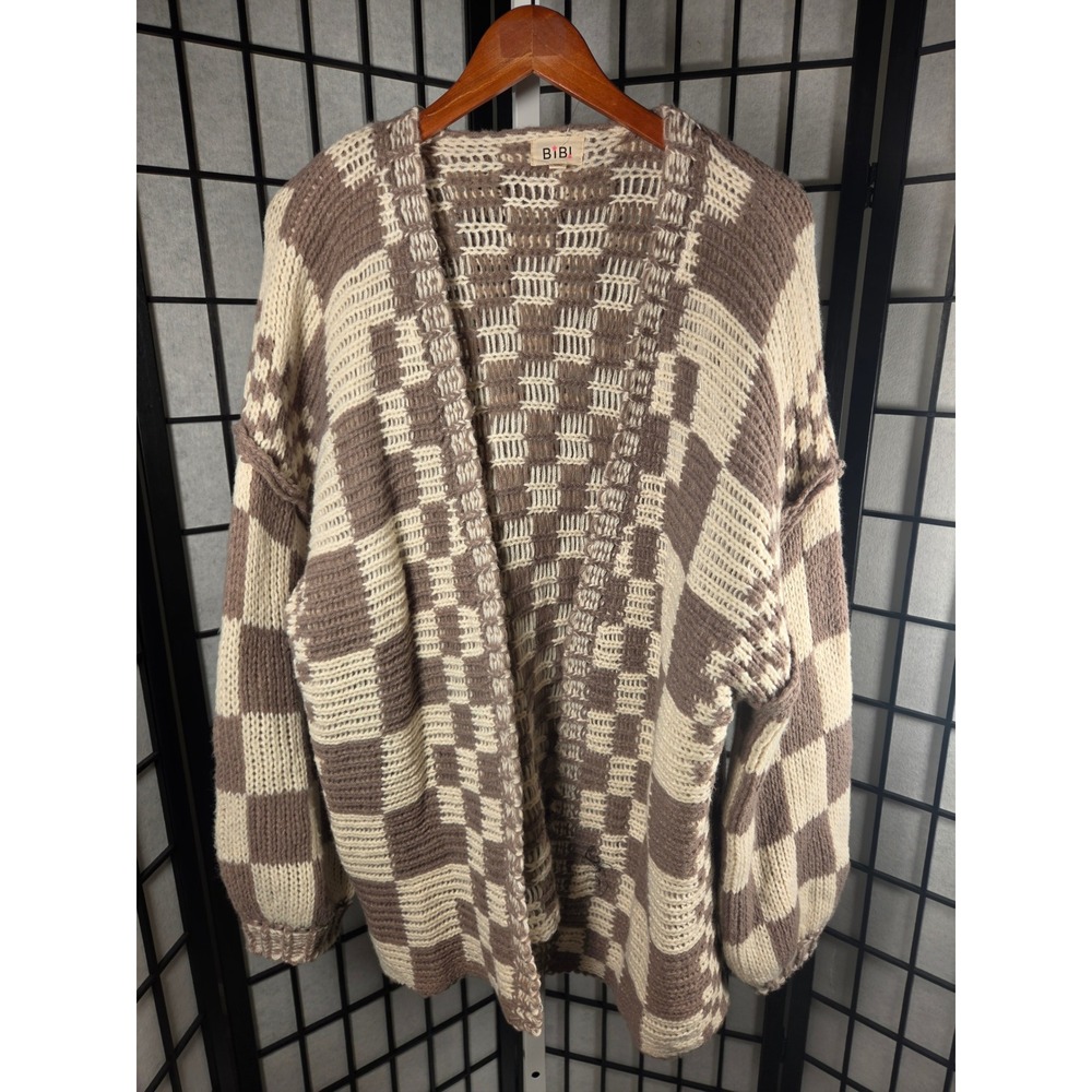 BiBi Oversized Boho Cozy Checkered Cardigan Brown Cream Chunky Knit Sweater L